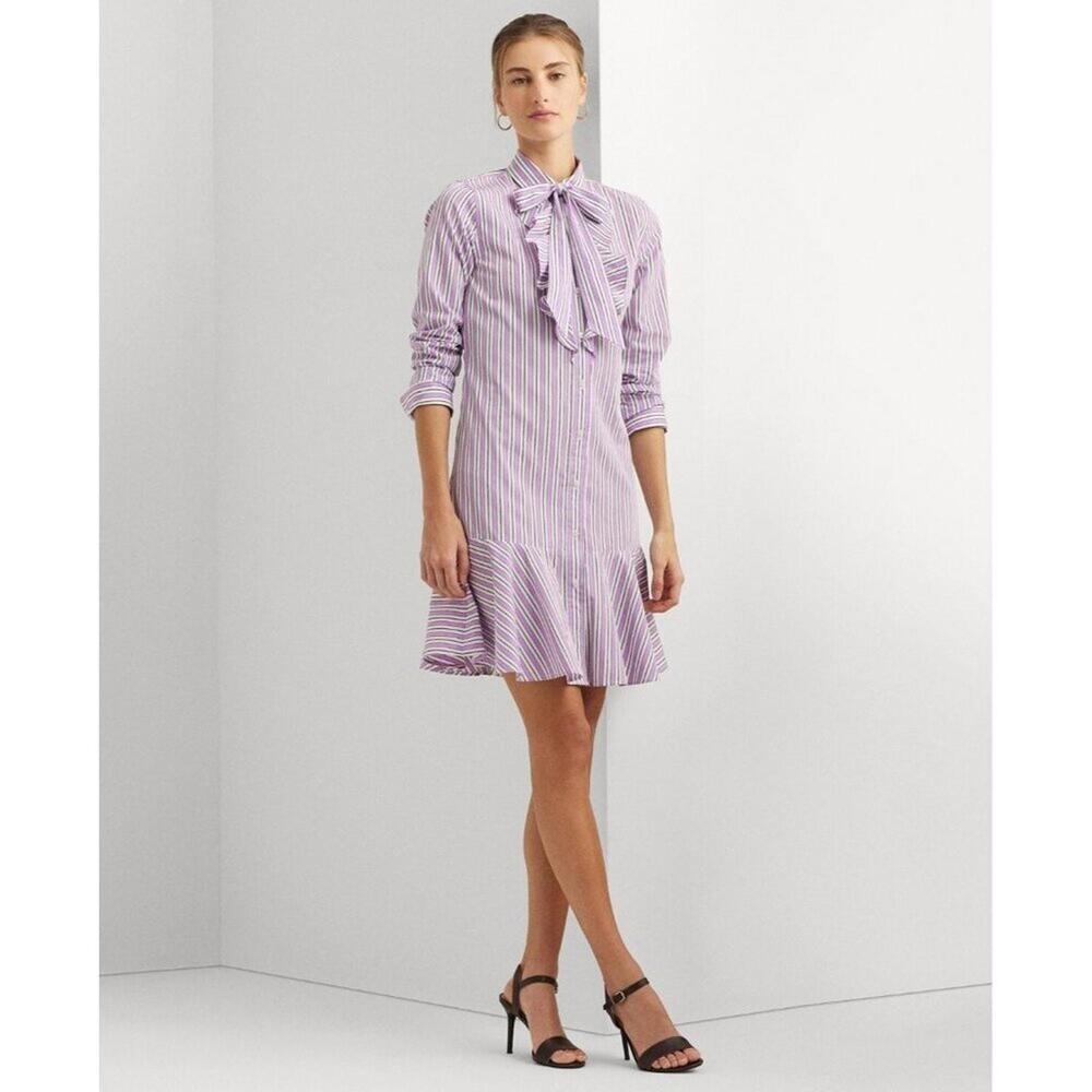 165$ Lauren Ralph Lauren Striped Broadcloth Tie-Neck Shirtdress Size 4 Purple - Picture 1 of 3